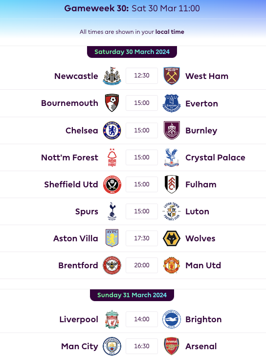 FPL GW30 Fixtures